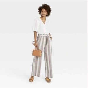 NEW Knox Rose Multicolor Cotton Blend Belted Elastic Waist Pull On Long Pants XS